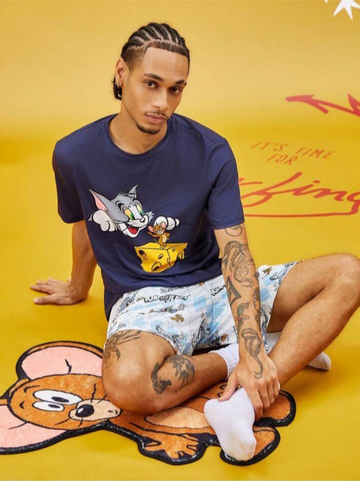 Uptown Funky Men's Cartoon Print Short Sleeve T-Shirt & Argyle Pattern Shorts Set Sleepwear
